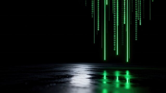 Digital code rain on reflective surface