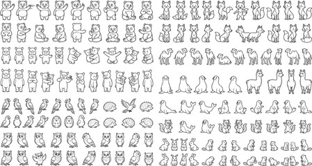 Large collection of cute cartoon animal line art icons for coloring book and children's nursery design projects © MdDulal