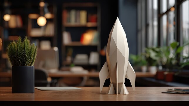 White Origami Rocket on Wooden Desk in Modern Office Representing Startup Growth and Business Innovation