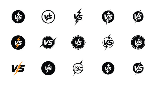 Collection of versus VS battle icons and logos with lightning bolts and circular designs for gaming and competition themes.