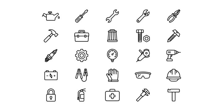Icon set collection of construction tools, mechanic workshop equipment, home repair hardware, and professional maintenance utility outline vector icons.