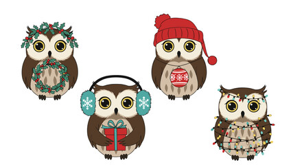 Fototapeta premium Four cute cartoon owls dressed in Christmas and winter outfits like wreaths, hats, headphones, and gifts for holidays.