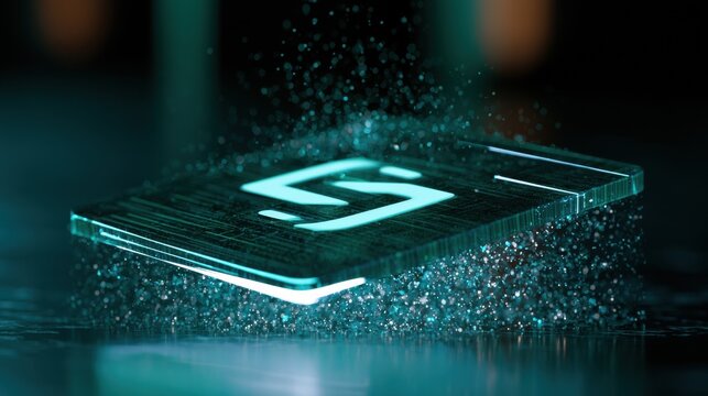 Holographic card materializes from particles in a dark teal setting, showcasing digital wallet technology and futuristic design features.