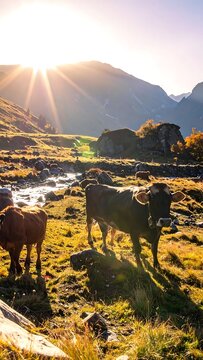 Sunlit Brown Cows Grazing Near Mountain Stream in Alpine Valley