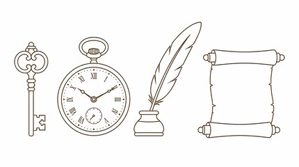 Fototapeta premium Vintage Key, Pocket Watch, Quill Pen, and Old Scroll Vector Outline Icons Representing History, Time, Writing, and Knowledge in a Detailed Line Art Style