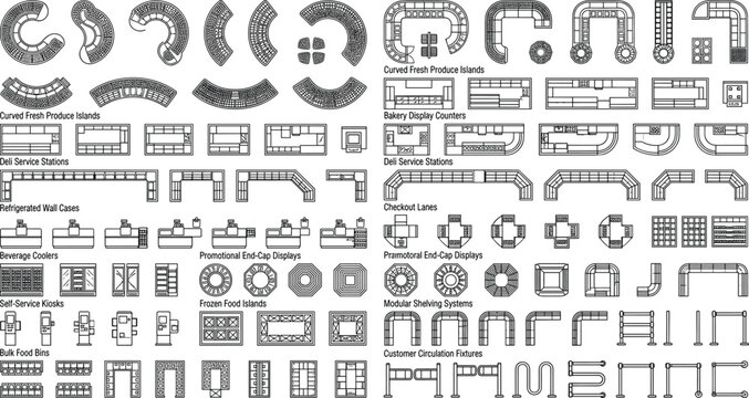 Large collection of supermarket and retail store fixture icons in top-down plan view for architectural floor layout