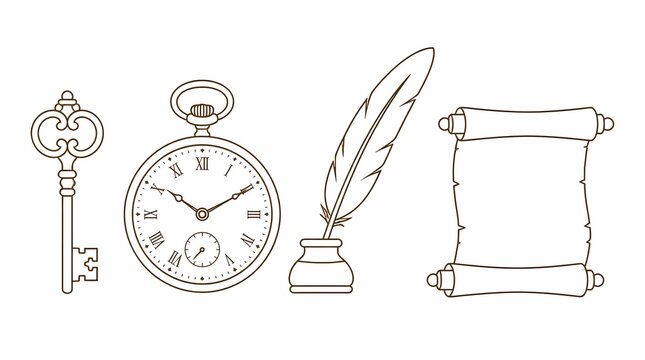 Vintage Key, Pocket Watch, Quill Pen, and Old Scroll Vector Outline Icons Representing History, Time, Writing, and Knowledge in a Detailed Line Art Style