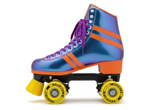 Retro Iridescent Blue Roller Skate with Orange Stripes and Yellow Wheels Isolated on White Background