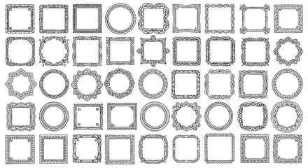 Fototapeta premium Large set of diverse decorative frames and border designs in various shapes such as circles, squares, and hexagons.
