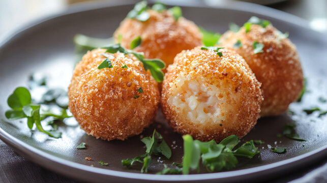 Delicious golden-brown crispy cheese balls garnished with fresh herbs on a dark plate