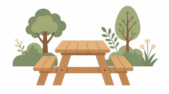 Wooden picnic table with benches in an outdoor park setting, surrounded by green trees, bushes, and flowers, rendered in a clean flat vector illustration.