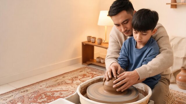 Man and boy making pottery together