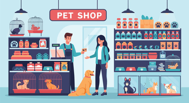 Pet shop interior scene with store assistant serving a woman customer with her dog and various pets in cages and shelves of supplies.
