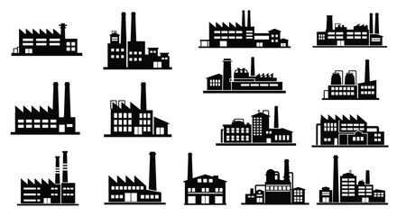 Obraz premium Industrial factory and warehouse silhouettes collection with various chimney smoke stacks and building structures for manufacturing.