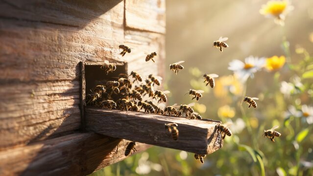 Bees flying from wooden hive