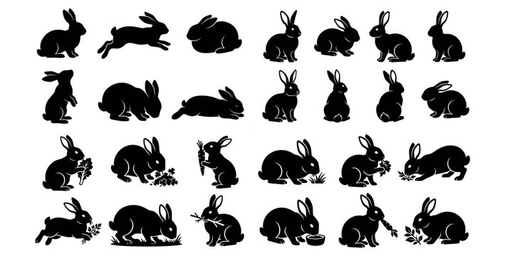 Rabbit silhouette collection diverse poses with food ideal for easter and spring designs