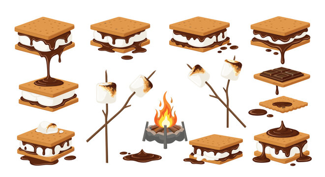 Delicious smores ingredients and preparation set with marshmallows on sticks chocolate bars graham crackers and a cozy campfire.