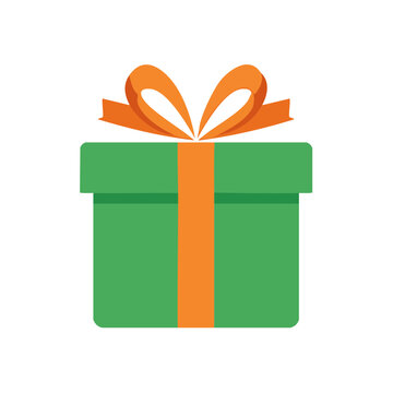 Green gift box with orange ribbon bow vector icon
