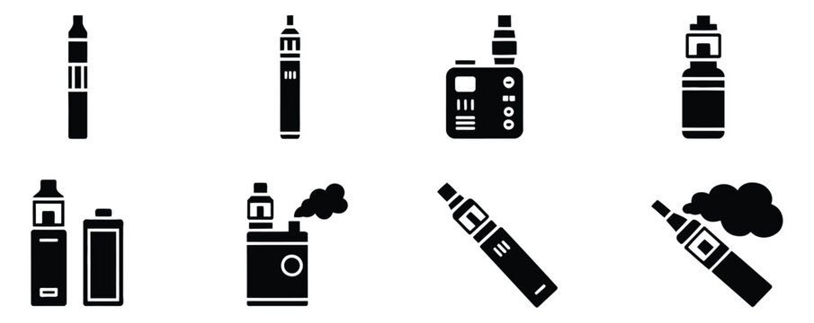 Vape Icon Featuring Electronic Cigarette, Atomizer, Smoke Symbols, Outline and Solid Editable Vector Illustration.