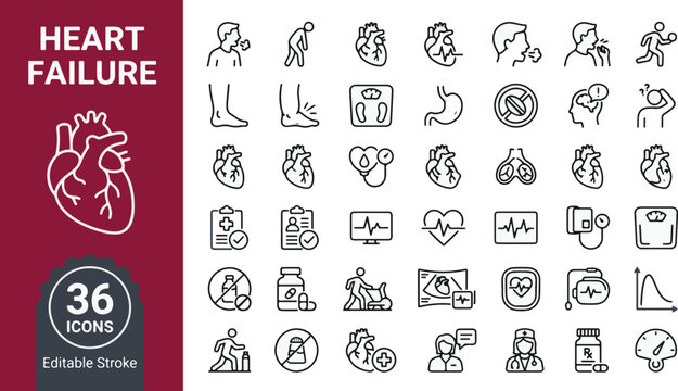 Heart failure and cardiovascular disease line icon set. Cardiology, symptoms, edema, shortness of breath, fatigue, diagnosis, treatment, and medication collection. Professional medical outline icons.