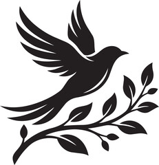 Fototapeta premium Flying bird silhouette with olive branch, peace dove vector icon isolated on white background
