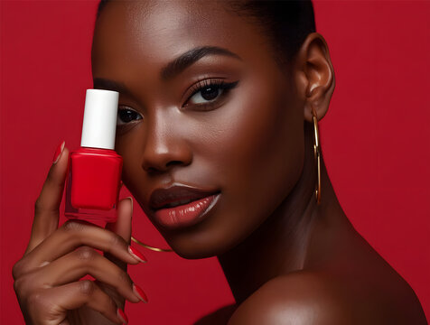 Modern portrait of a Black female model confidently presenting a blank nail polish bottle filled with vibrant red polish