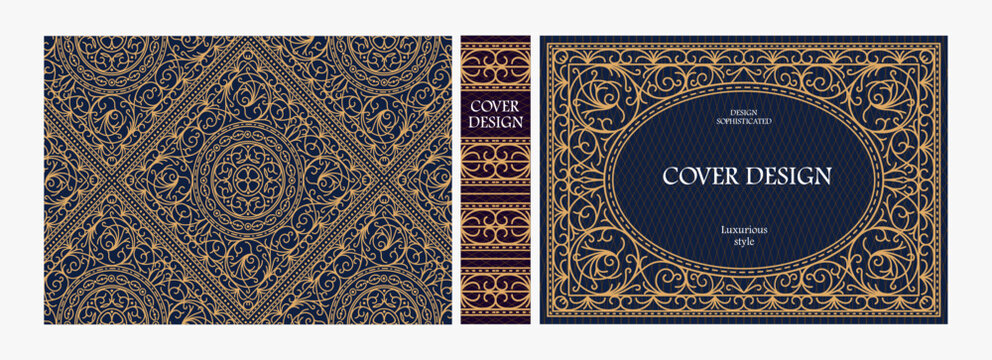 Elegant horizontal vintage book cover design with ornate Art Deco frame, geometric decorative ornaments, and luxurious retro style for publications, albums, posters, and premium layouts