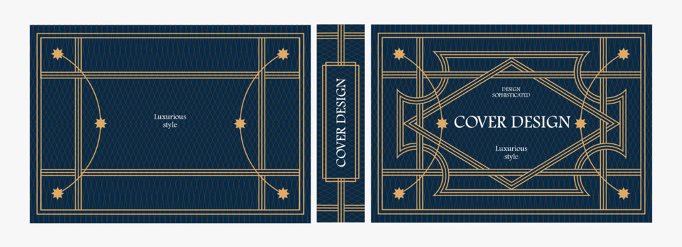 Elegant horizontal vintage book cover design with ornate Art Deco frame, geometric decorative ornaments, and luxurious retro style for publications, albums, posters, and premium layouts