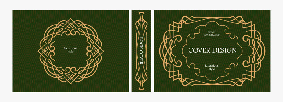 Elegant horizontal vintage book cover design with ornate Art Deco frame, geometric decorative ornaments, and luxurious retro style for publications, albums, posters, and premium layouts