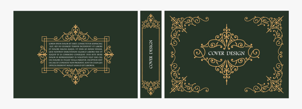 Elegant horizontal vintage book cover design with ornate Art Deco frame, geometric decorative ornaments, and luxurious retro style for publications, albums, posters, and premium layouts