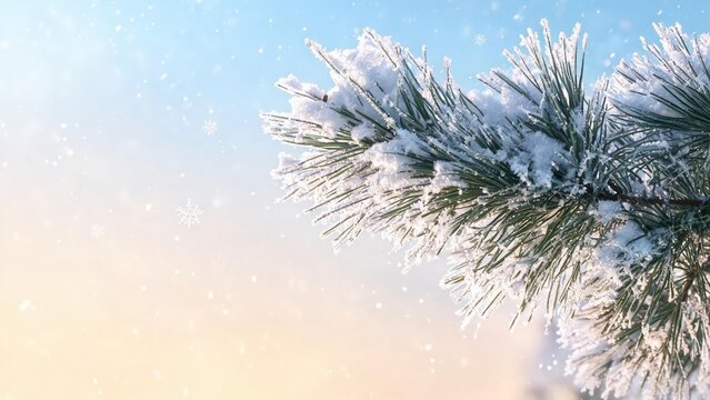Snowcovered pine branch against sky