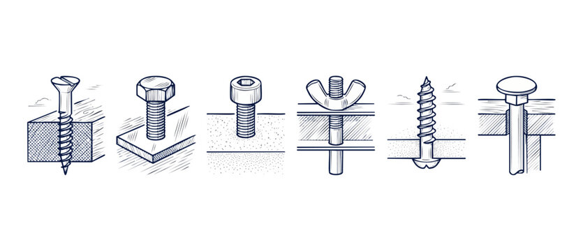 Screw bolt types fastener diagram illustrating various mechanical hardware styles in cross section view, featuring sketch line art design for DIY construction project isolated on white background