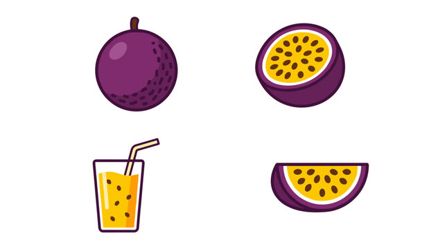 Set of four pixel art passion fruit icons, whole fruit, half with seeds, juice glass, and slice, flat color bold outline, isolated