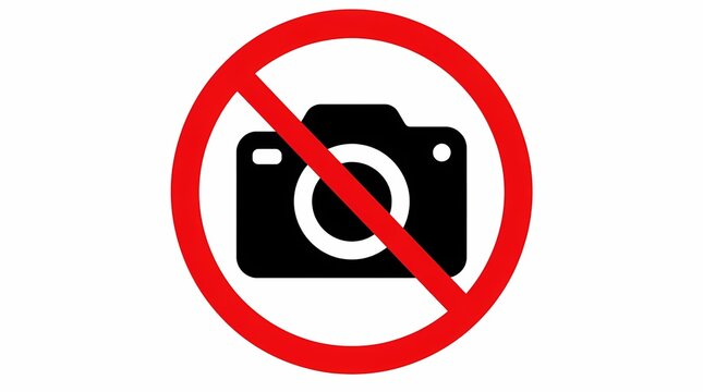 No photography sign featuring a black camera icon inside a bold red circle and diagonal line, signifying a clear prohibition on taking pictures in public or private locations.