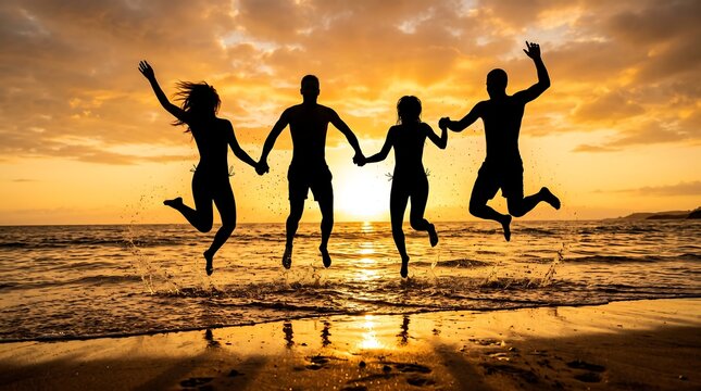 Happy people jumping on the beach at sunset, enjoying life and friendship