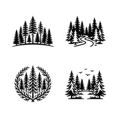 Obraz premium Black Pine Tree Forest Icons Set, Nature Landscape Vector Graphics