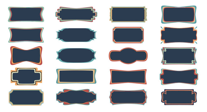 Collection of vintage style decorative labels and frames with dark backgrounds and colorful borders for graphic design.