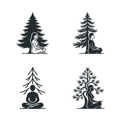 Obraz premium Meditating Person Silhouette Yoga Tree Nature Zen Mindfulness Calm Vector Art