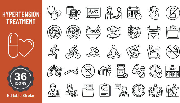 Hypertension treatment line icon set. Heart health, blood pressure monitor, cardiology, diet, exercise, medication, lifestyle, prevention, diagnosis. Professional medical outline. Editable stroke.