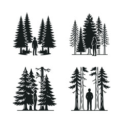Fototapeta premium Silhouettes of people in dense pine forests, nature exploration, vector illustration