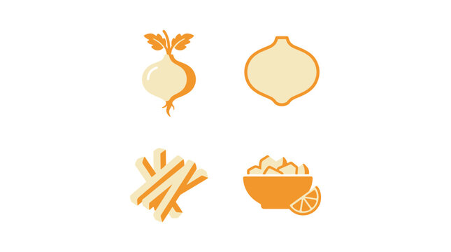 Set of four flat color jicama icons including whole bulb, slice, sticks, and bowl with lime, cream and orange palette