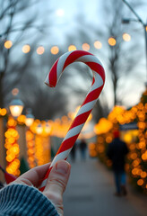 Fototapeta premium Hand holding a candy cane with Christmas lights in background