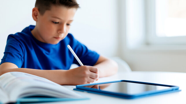 Focused boy writing with stylus on tablet next to open textbook, blending digital and traditional learning during homework at bright minimalist desk.