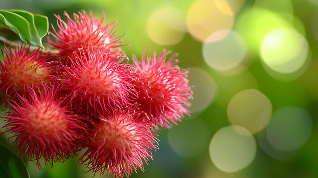 Close-up of vibrant rambutan fruit cluster with spiny red husks and lush green background