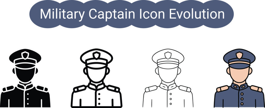 Military captain icon evolution set showcasing various uniform styles for rank and authority on transparent background