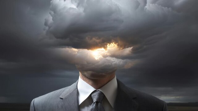 Person stands under storm cloud to show feelings of stress and worry Generative AI