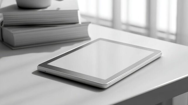 Minimalist digital tablet with blank white screen on desk, modern workspace with books in black and white, electronic reader mockup for e-learning