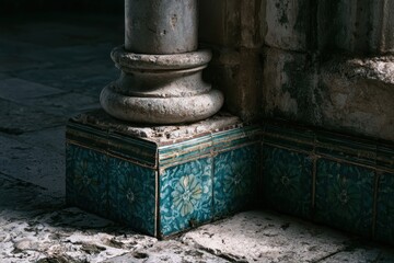 Fototapeta premium Glazed floral tilework surrounding a weathered pillar base in a shadowed ancient corridor with sharp focus for museum and culture branding