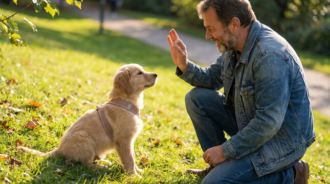 Man teaching puppy to sit on green grass during sunny day. Puppy eagerly watches owner with hand raised for training command. Concept of pet training and bonding moments between man and puppy.