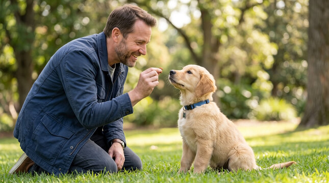 Man teaching puppy to sit in sunny park with vibrant greenery. Training session includes positive reinforcement using treats for golden retriever. Concept of puppy training for pet care and education.